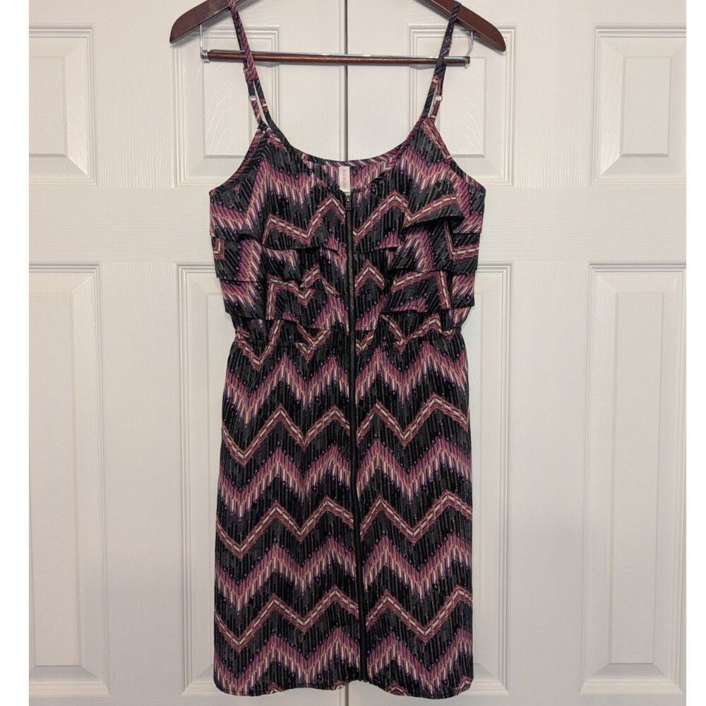 Y2K Zip Front Chevron Tiered Ruffle Mini Dress Size M Pink Purple Black